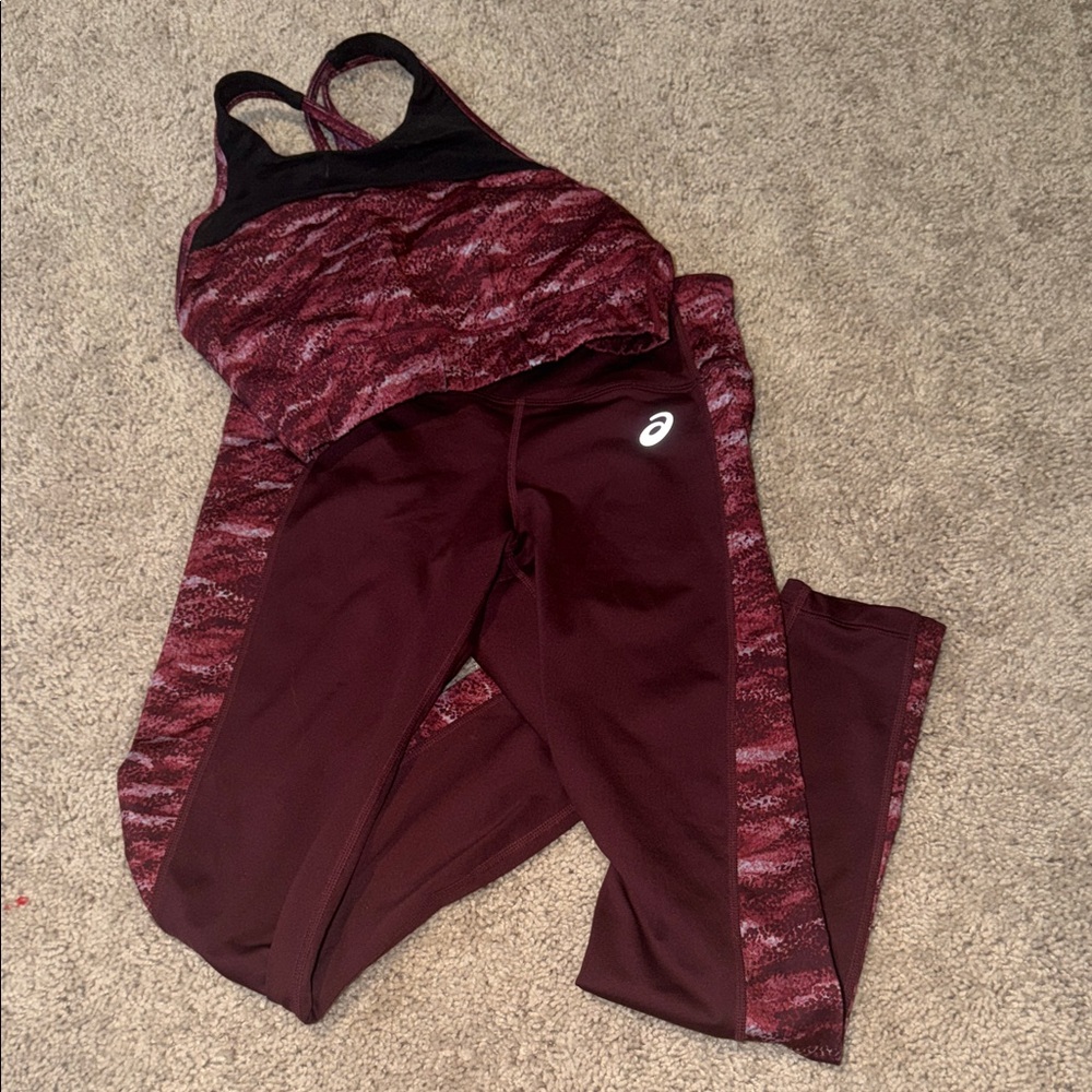 Asics Burgundy Leggings and Sports Bra Set